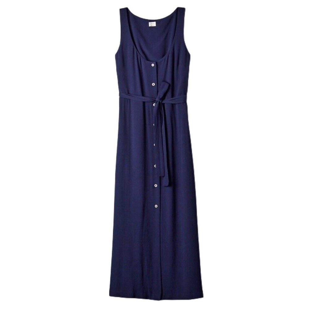 Sleeveless Navy Button-Front Maxi Dress with Tie Waist
